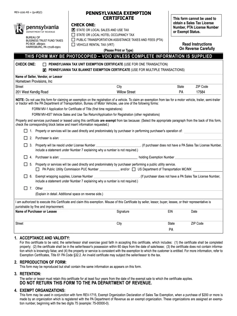 Pa Tax Exempt Form 2020